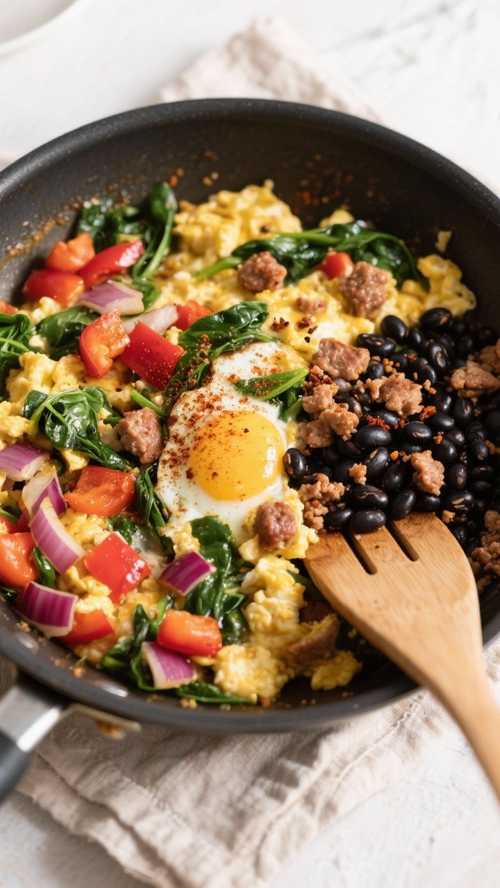 Cooking process: Overhead shot of a large skillet with the veggie-and-egg scramble just set—soft c