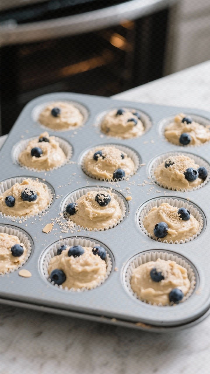 Cooking process: Overhead shot of a lined 12-cup muffin pan just filled 3/4 full with thick, scoopab