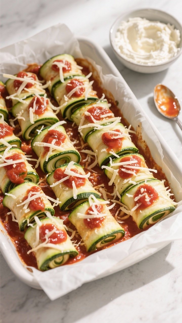 Cooking process: Overhead shot of assembled zucchini roll-ups arranged seam-side down in a sauced ba
