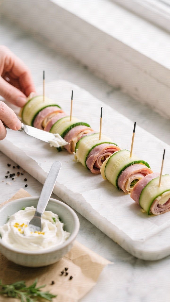 Cooking process: Overhead shot of assembly in progress showing prepared roll-ups being secured for c