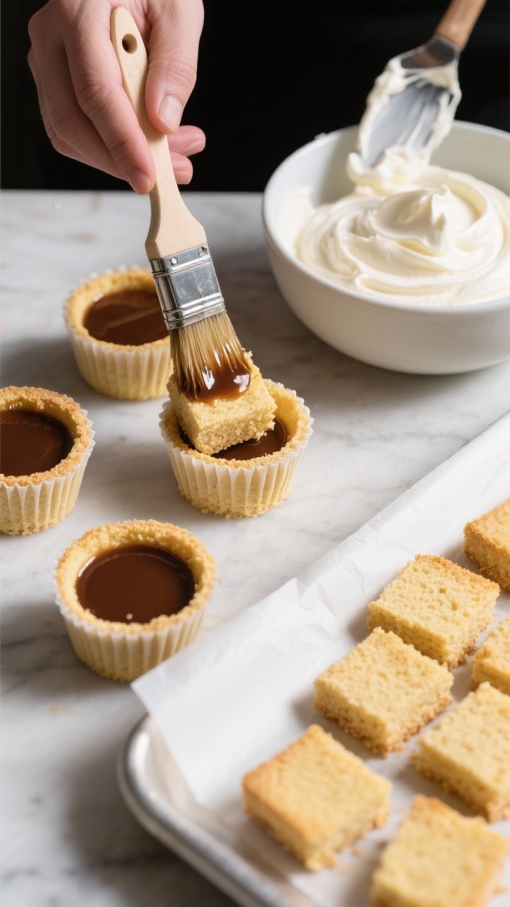 Cooking process: Overhead shot of assembly—small dessert cups lined with neatly cut squares of bak