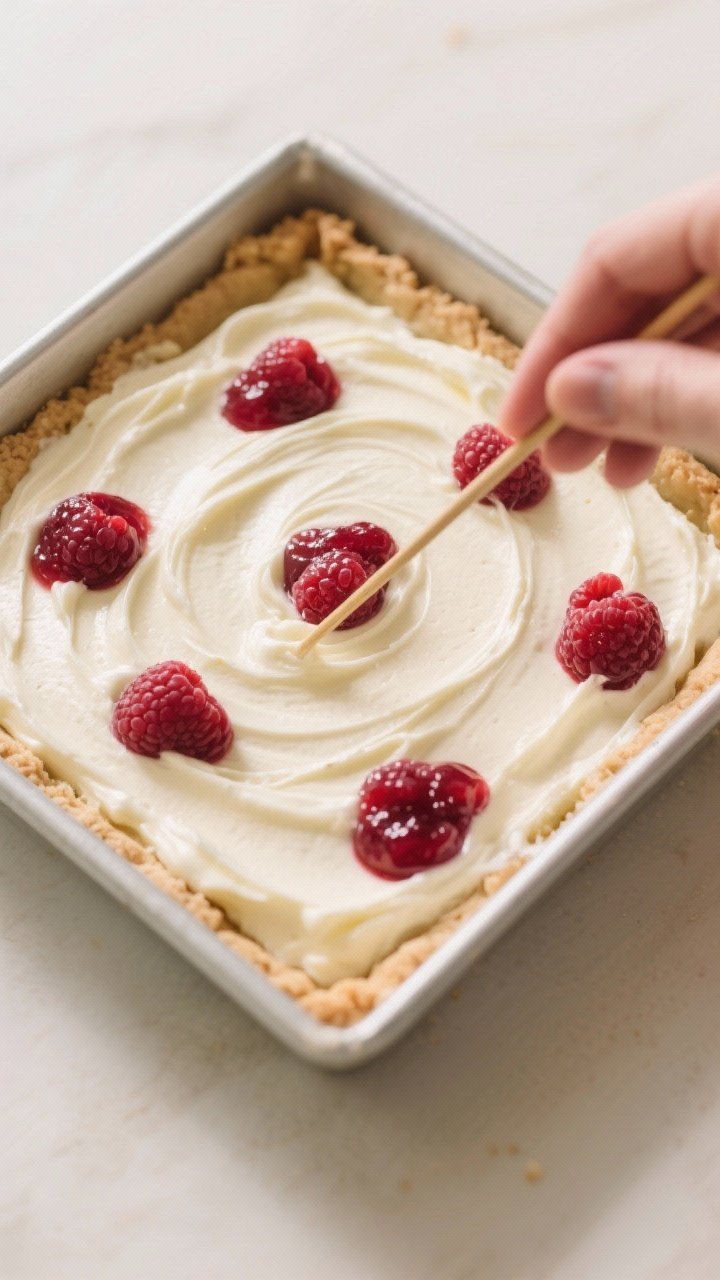Cooking process: Overhead shot of assembly step—smooth cream cheese filling spread over the par-ba