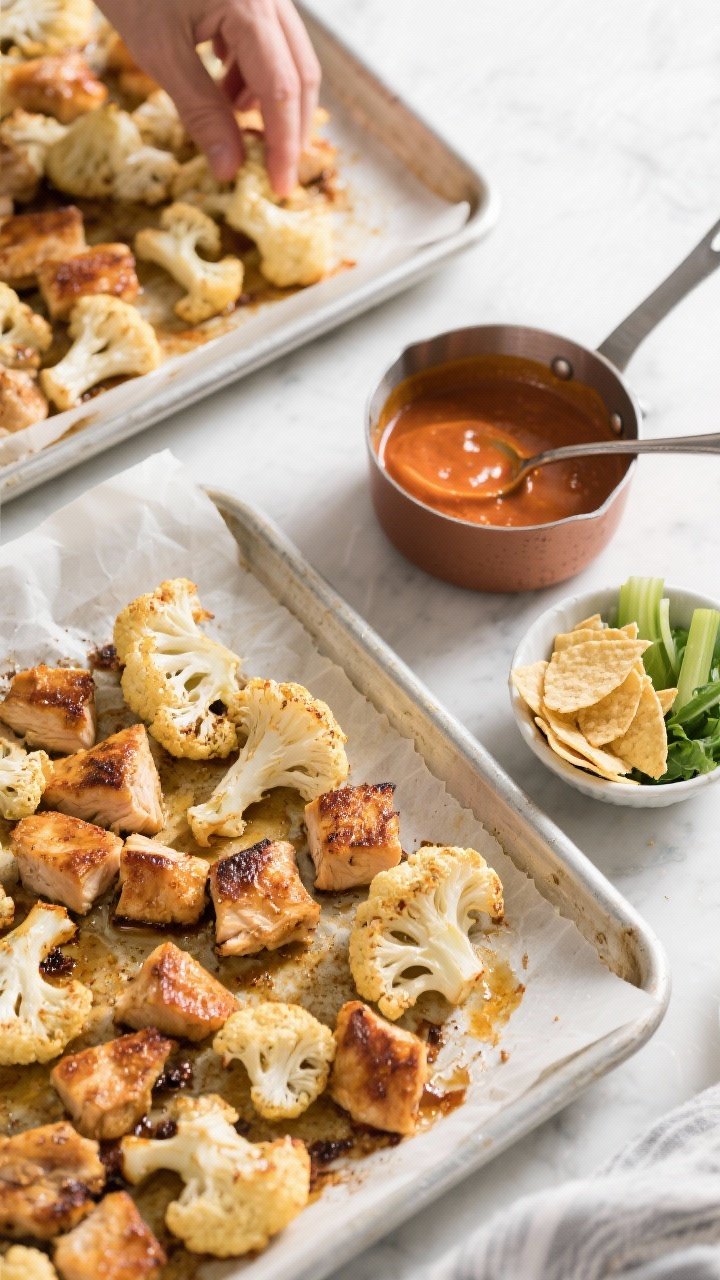 Cooking process: Overhead shot of chicken and cauliflower roasting on two parchment-lined sheet pans
