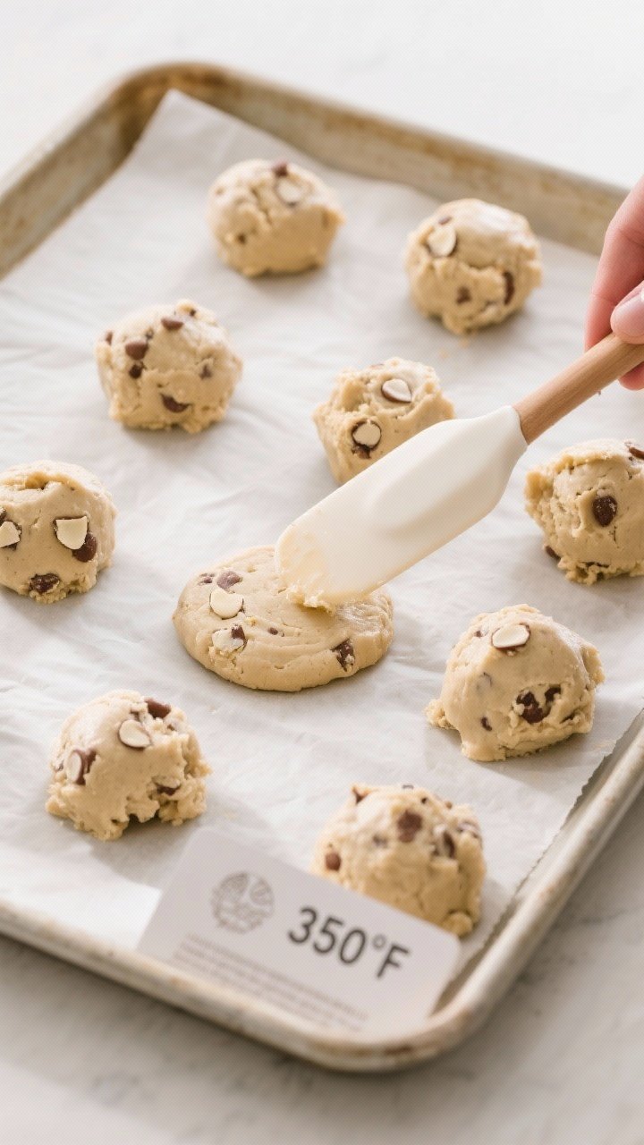Cooking process: Overhead shot of chilled cookie dough balls being gently pressed on a parchment-lin