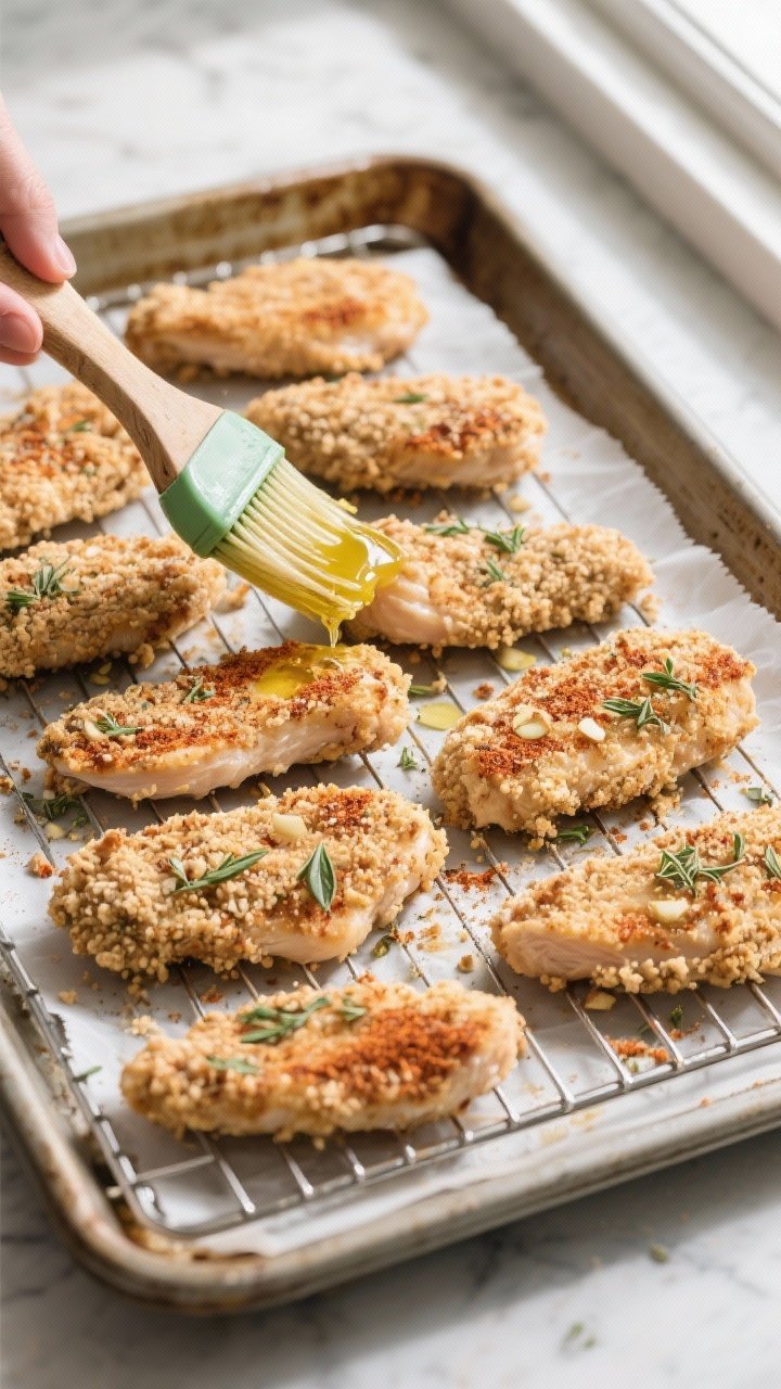 Cooking process: Overhead shot of coated chicken tenders arranged in a single layer on a parchment-l