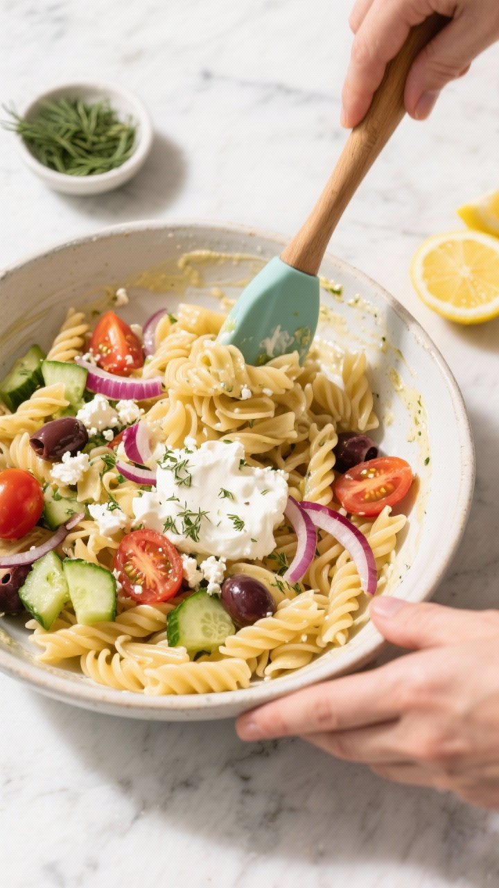 Cooking process: Overhead shot of cooled pasta being tossed into the yogurt-lemon-Dijon-oregano dres