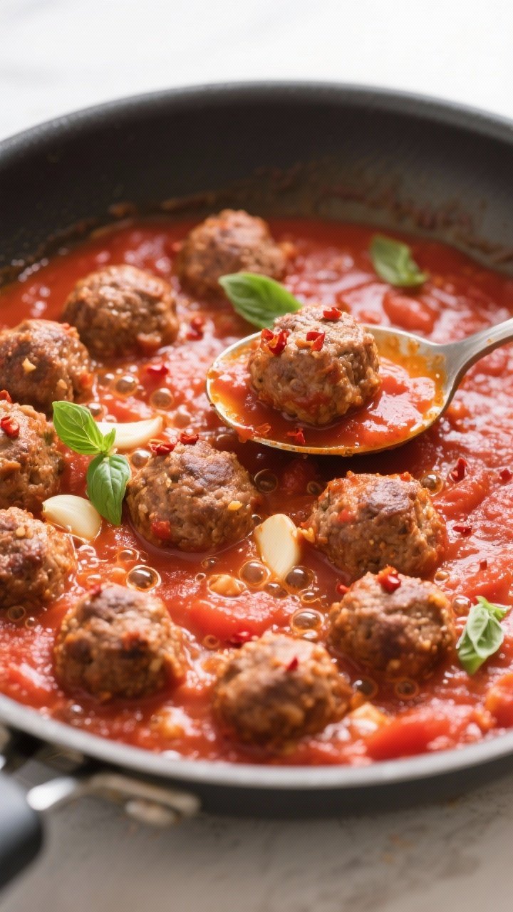 Cooking process: Overhead shot of meatballs gently simmering in a bright, garlicky crushed-tomato sa