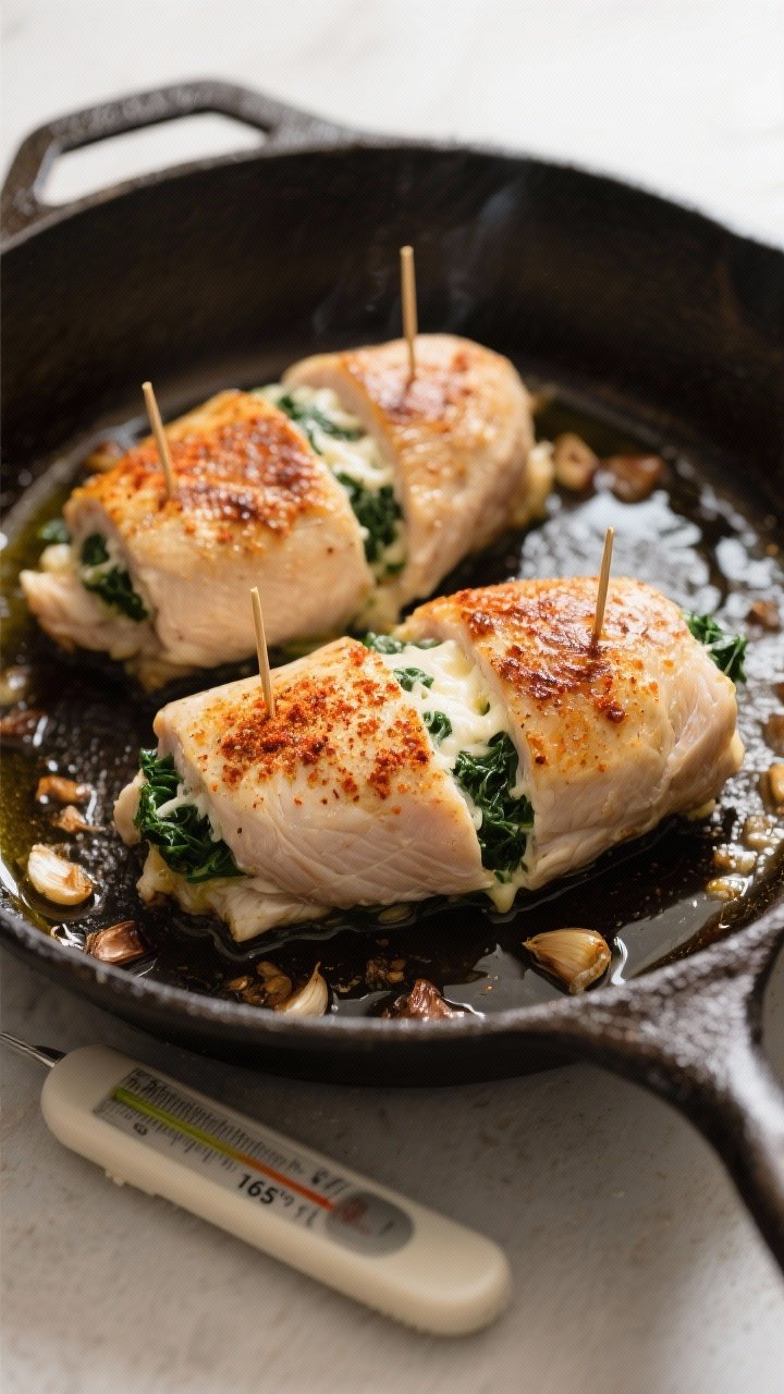 Cooking process: Overhead shot of stuffed chicken breasts being seared in an oven-safe cast-iron ski