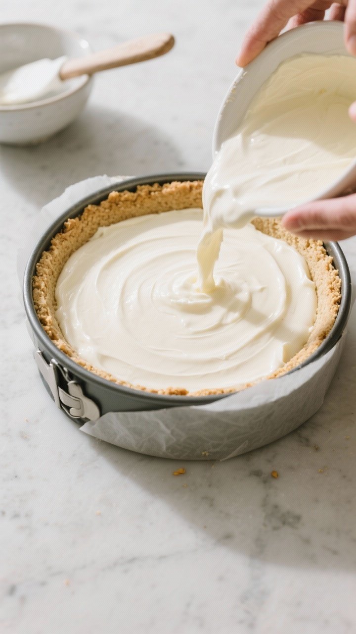 Cooking process: Overhead shot of the almond flour crust after par-bake and the silky cheesecake fil