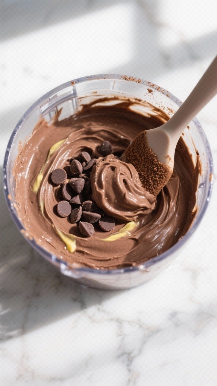 Cooking process: Overhead shot of the blender jar right after pulsing, showing the creamy chocolate 