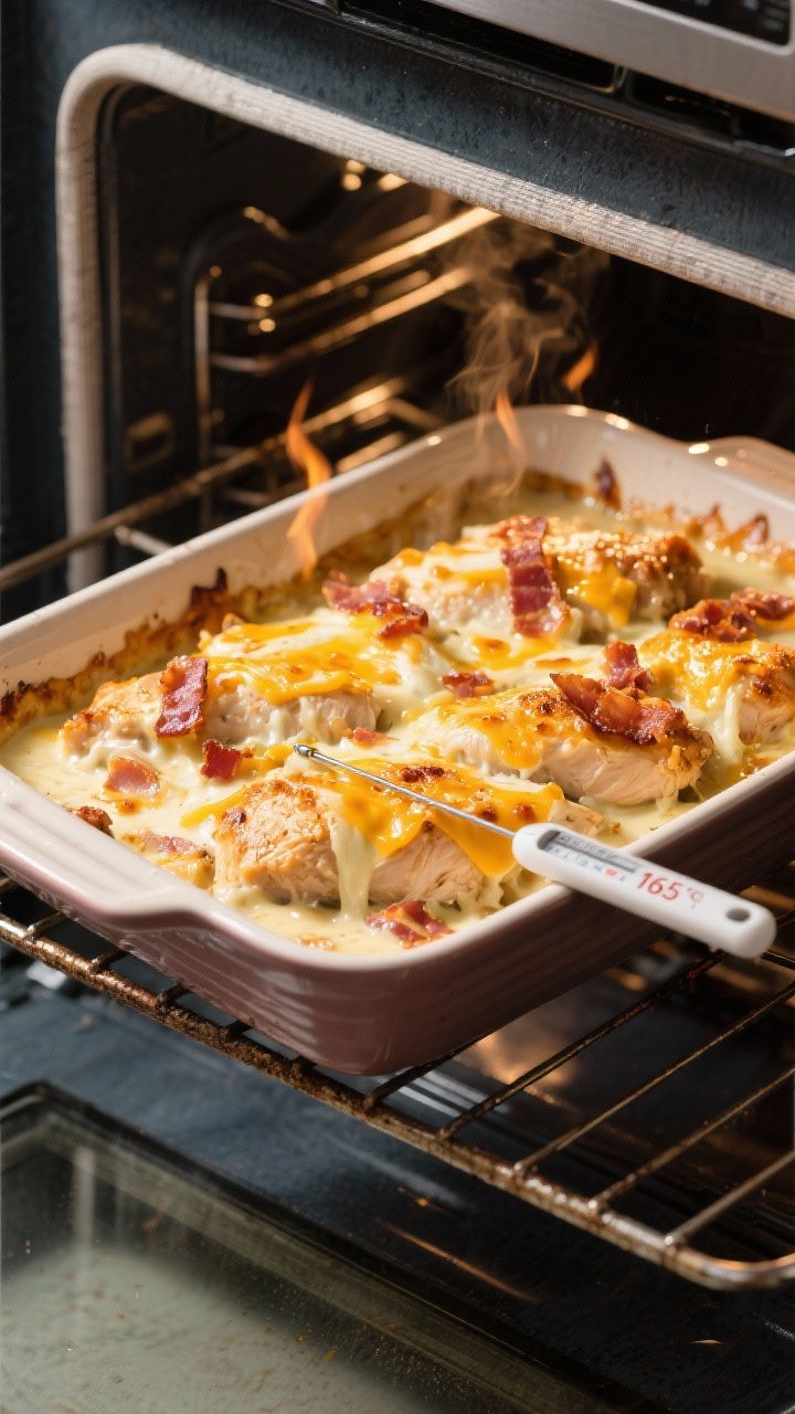 Cooking process: Overhead shot of the chicken bake mid-broil in a 9x13 dish, cheese just starting to