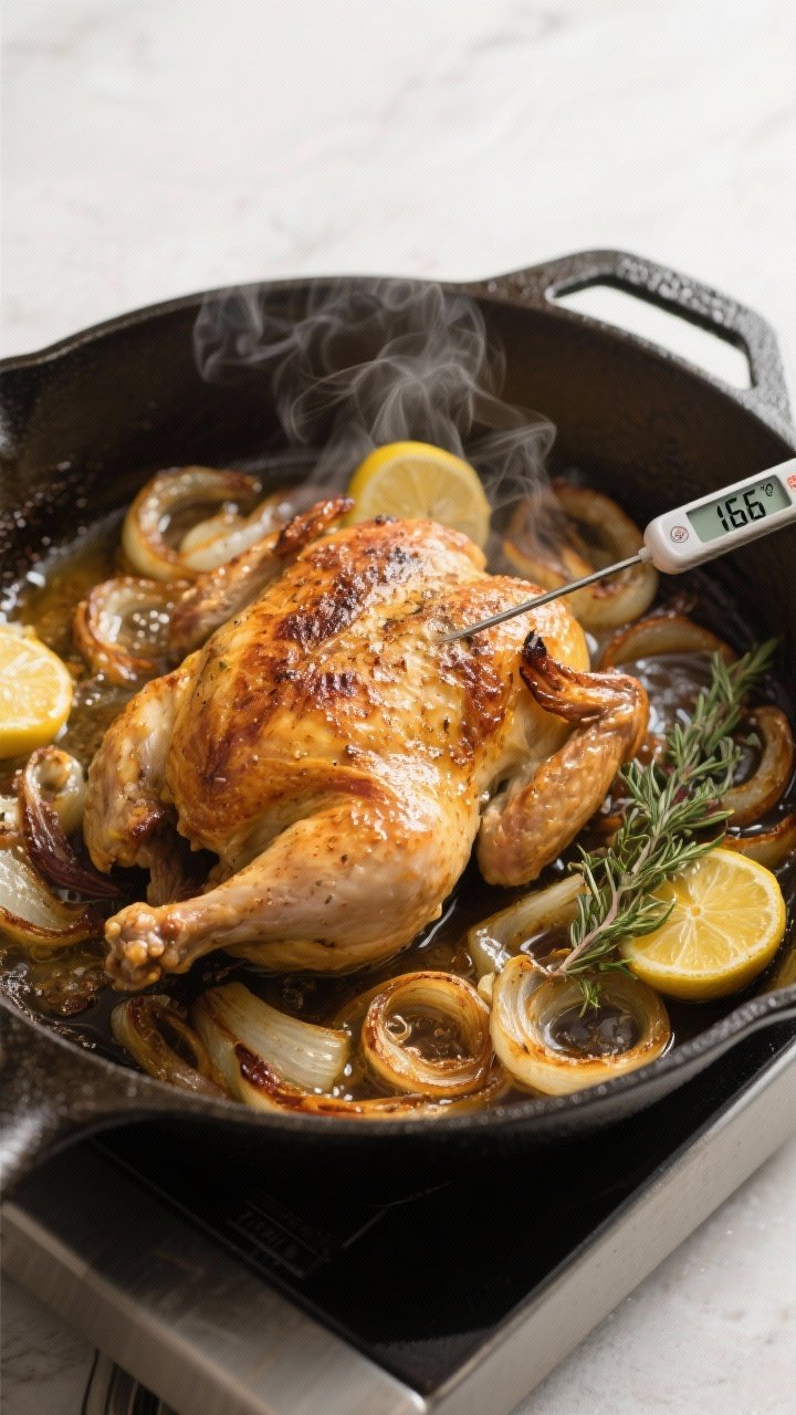 Cooking process: Overhead shot of the chicken mid-roast in an oven-safe skillet on a bed of carameli