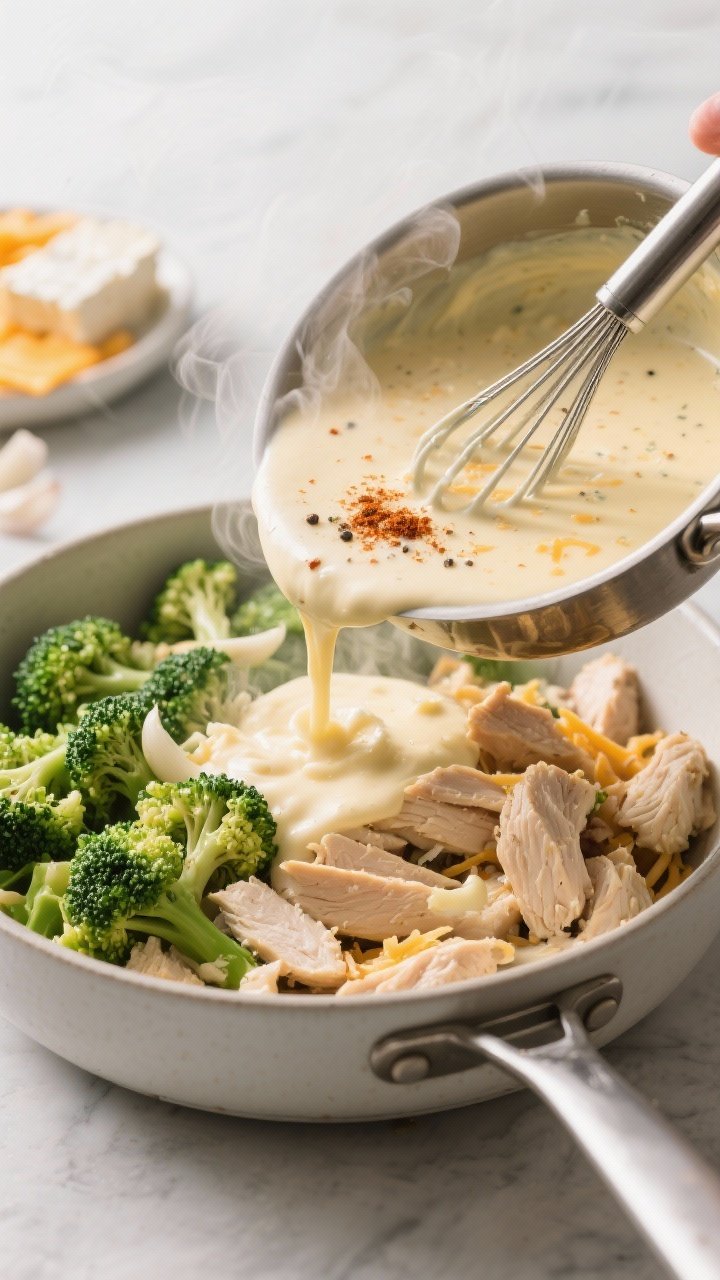 Cooking process: Overhead shot of the creamy cheese sauce being whisked smooth in a saucepan—silky