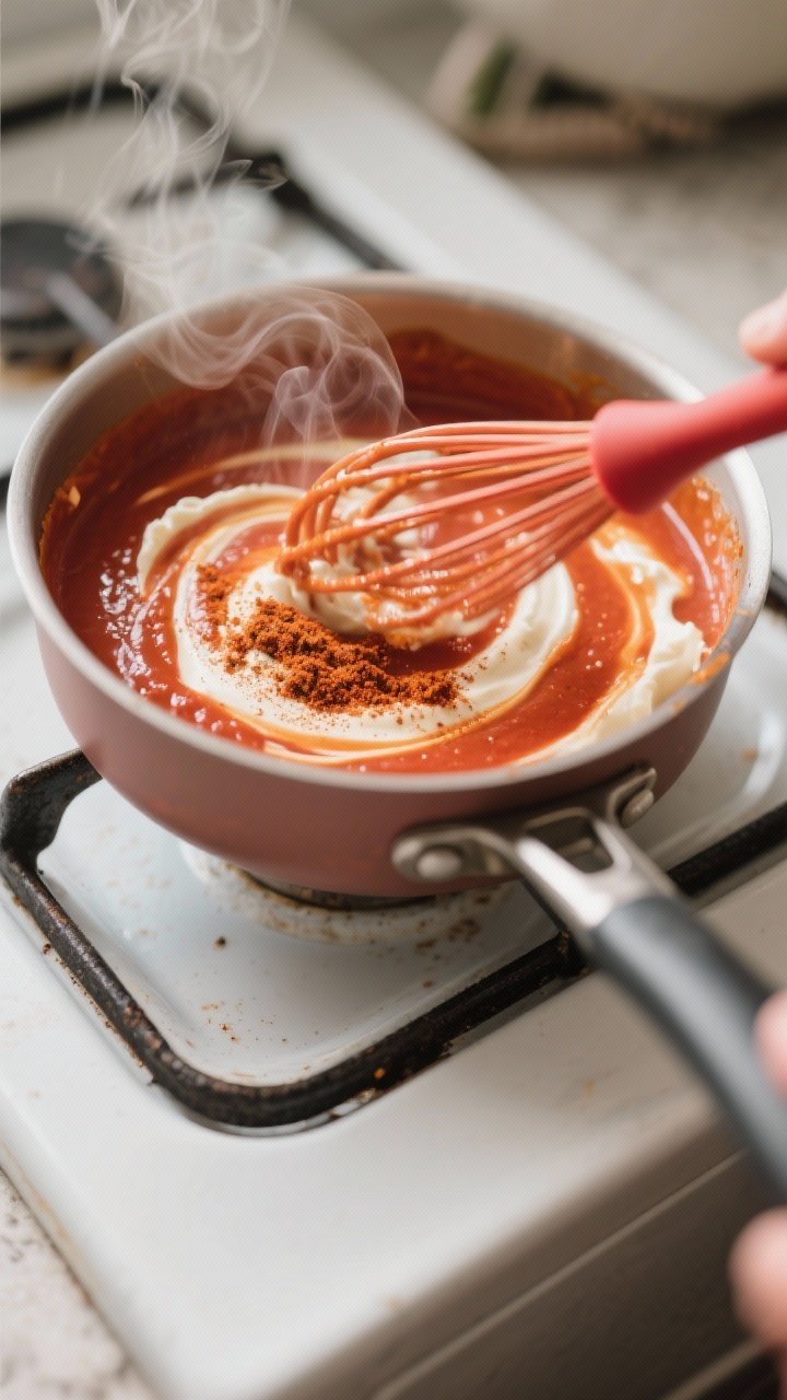 Cooking process: Overhead shot of the creamy enchilada sauce being whisked in a small saucepan—sil
