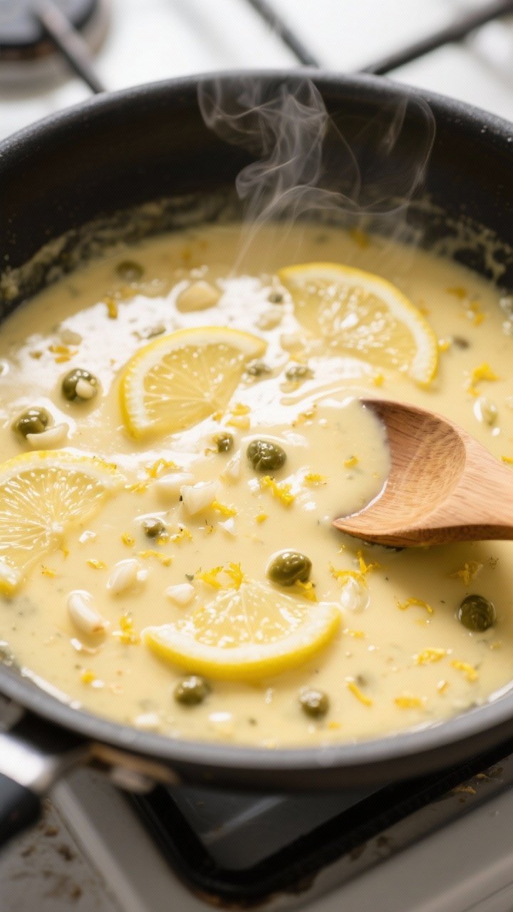 Cooking process: Overhead shot of the lemon-garlic butter sauce simmering in the skillet just after 