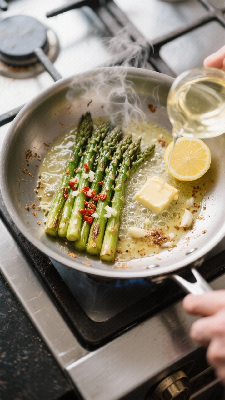 Cooking process: Overhead shot of the one-pan scene mid-sauce step—asparagus pushed to one side wi