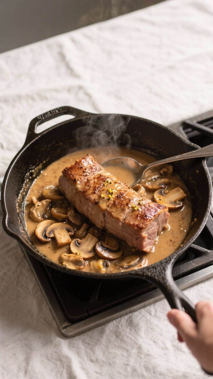 Cooking process: Overhead shot of the oven-safe skillet on the stovetop with the pork tenderloin nes
