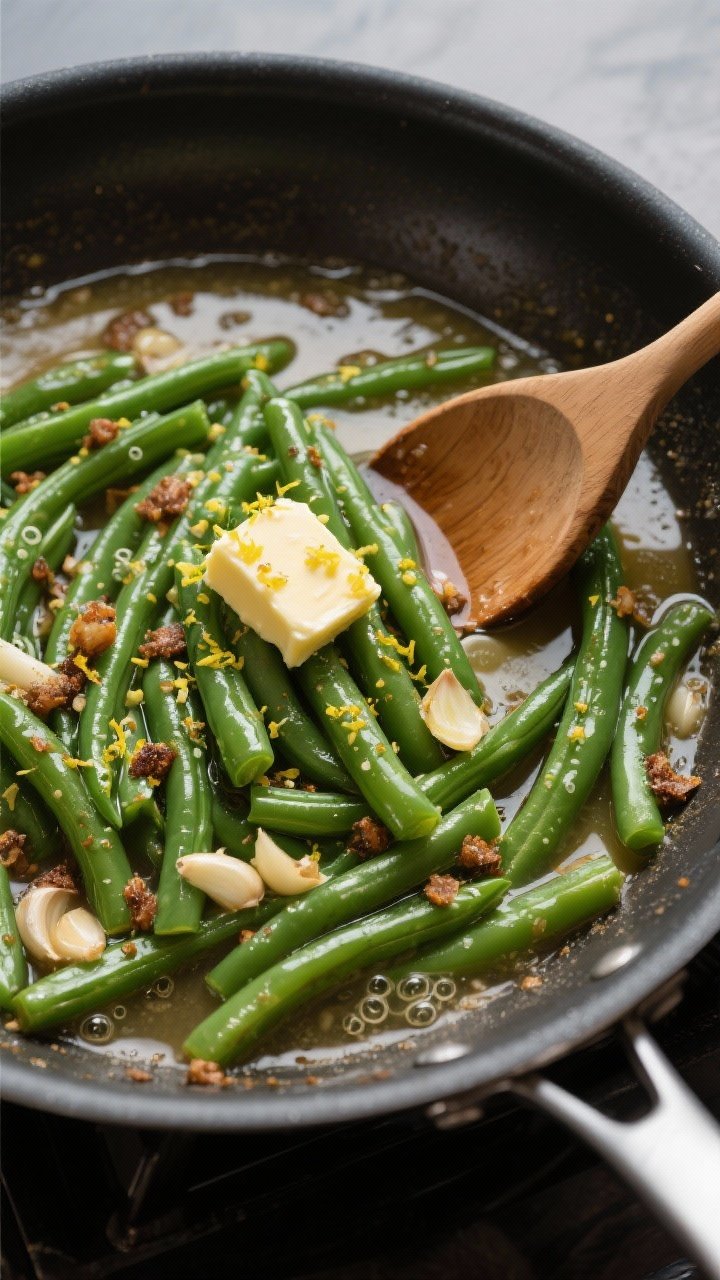 Cooking process: Overhead shot of the sauce-building step in a large skillet—broth simmering and r