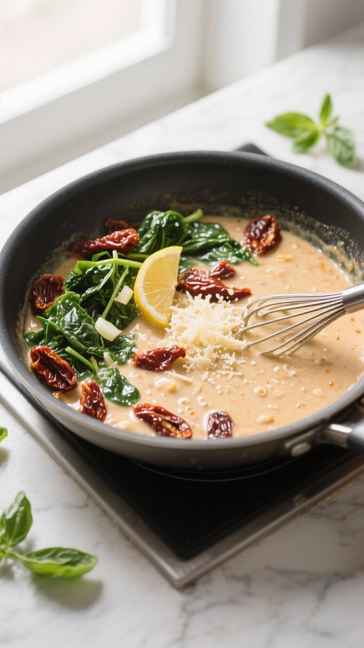 Cooking process: Overhead shot of the sauce-building stage in a wide skillet—sun-dried tomatoes an