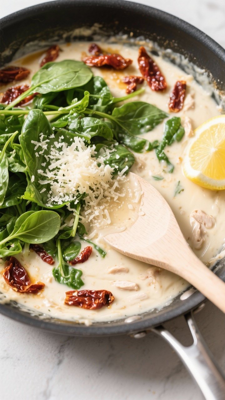 Cooking process: Overhead shot of the sauce coming together in one skillet—sun-dried tomatoes simm