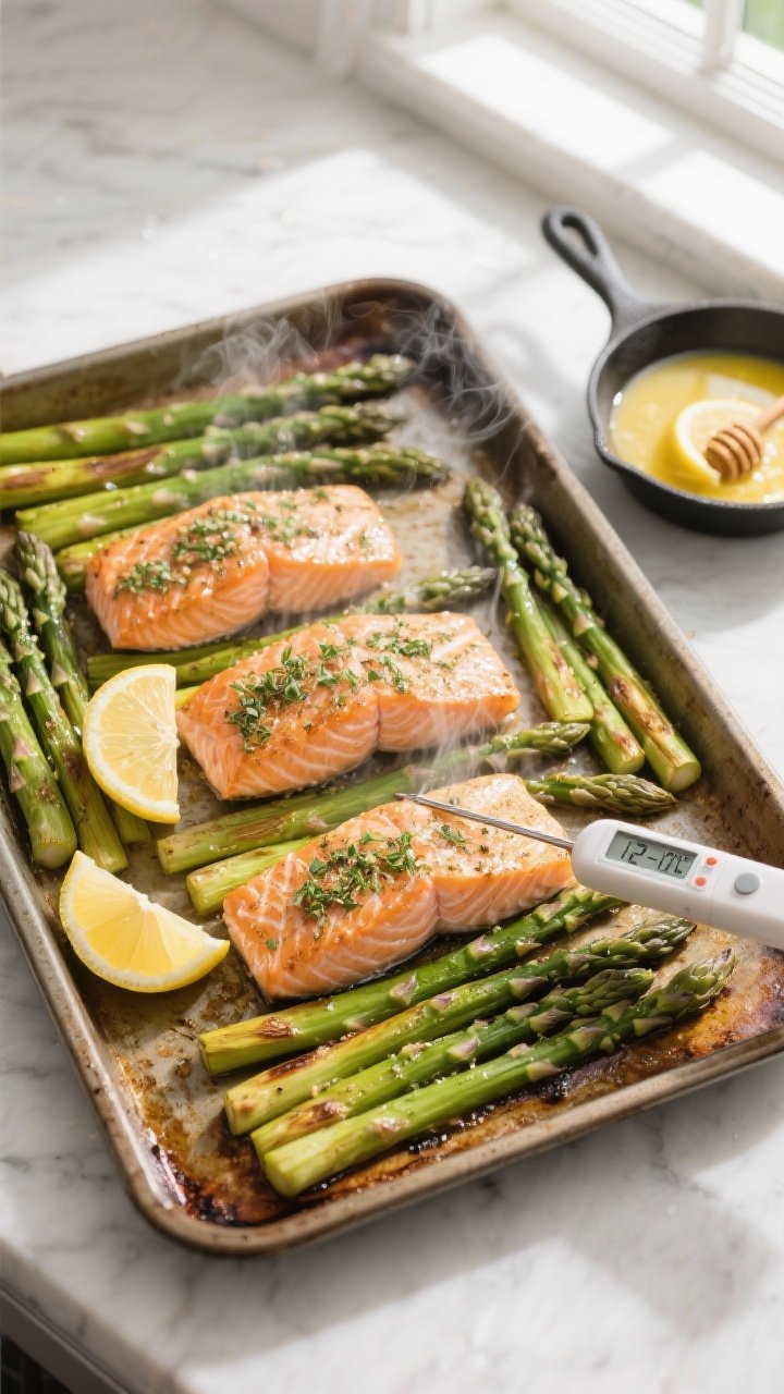 Cooking process: Overhead shot of the sheet pan mid-roast at the 10–12 minute mark—four skin-on 