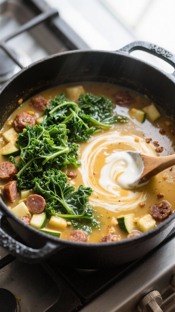 Cooking process: Overhead shot of the simmering soup just after kale has been added—vibrant green 