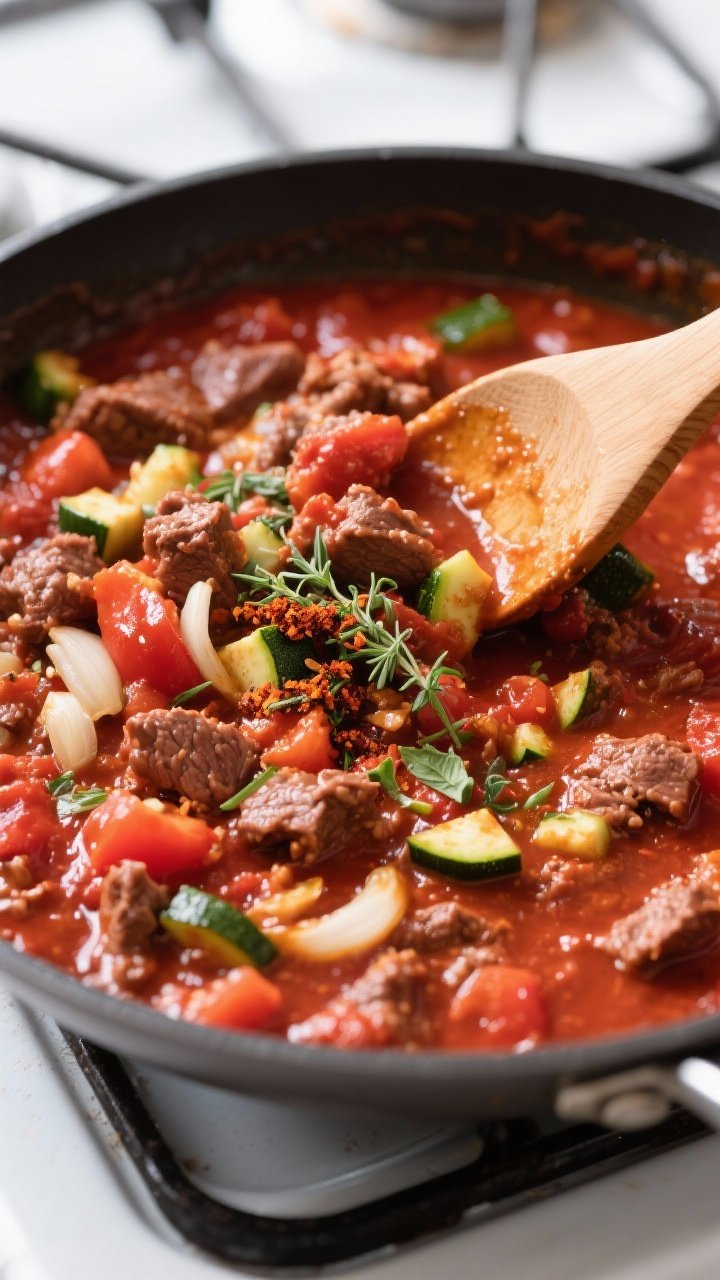Cooking process: Overhead shot of the skillet stage showing the thick, simmered beef mixture with cr