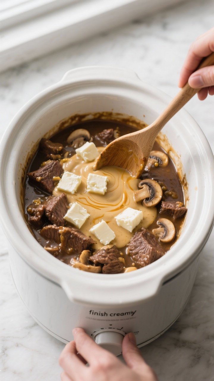 Cooking process: Overhead shot of the slow cooker open during the “finish creamy” step—melted 