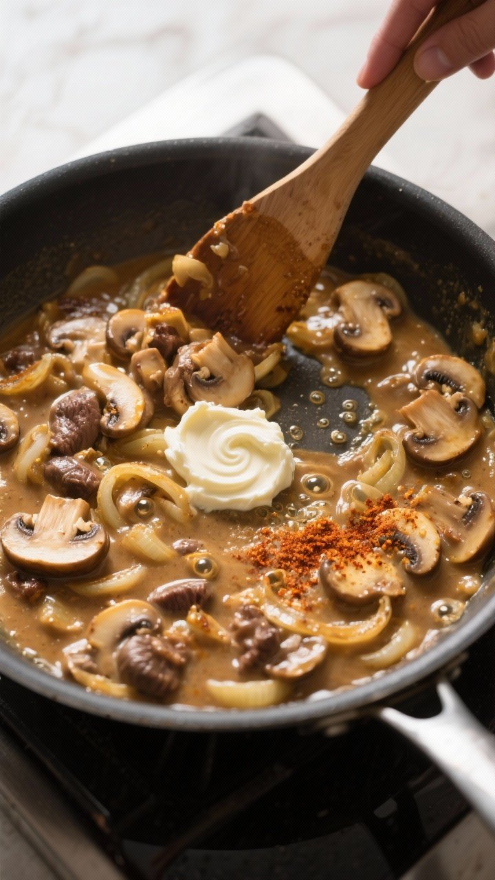 Cooking process: Overhead shot of the stroganoff sauce base reducing in a wide skillet—mushrooms a