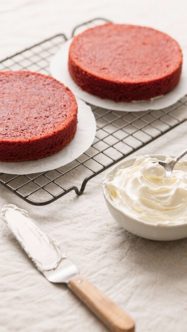 Cooking process: Overhead shot of two freshly baked 8-inch red velvet cake layers cooling on a wire 
