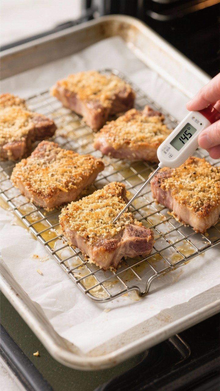 Cooking process: Parmesan crusted pork chops finishing in the oven on a wire rack over a parchment-l