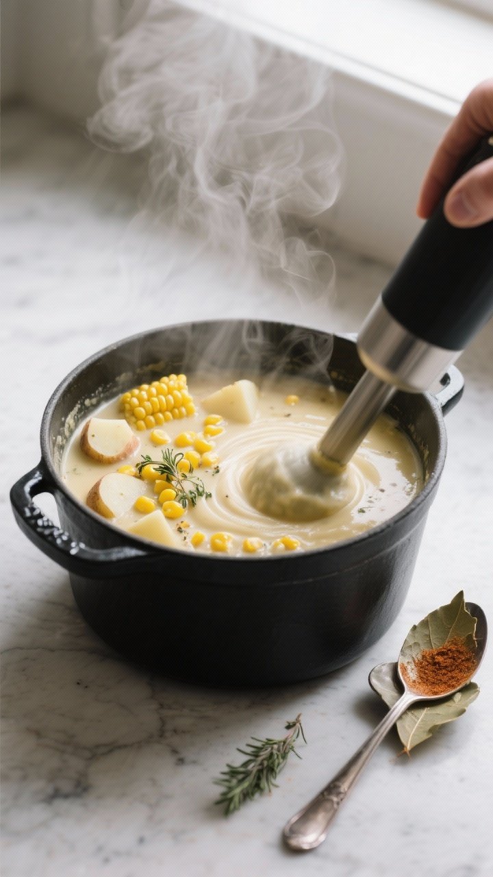 Cooking process — partial purée moment: A steamy pot of vegan sweet corn & potato chowder mid-sim