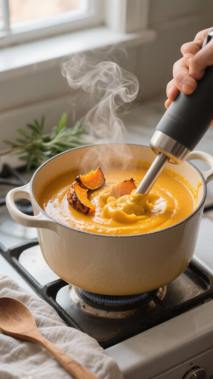 Cooking process — Roasted butternut squash ginger soup being blended silky-smooth in a Dutch oven 