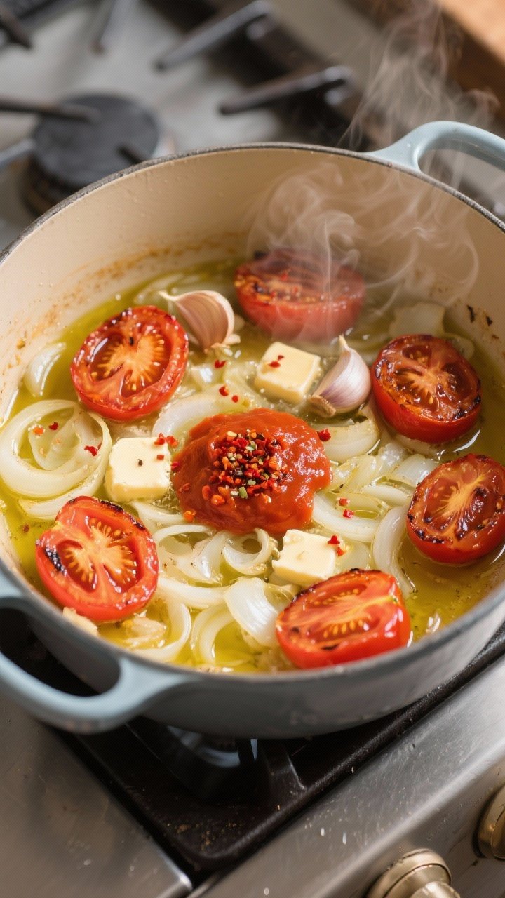 Cooking process: Roasted tomato basil soup base in progress — overhead shot of a Dutch oven with s