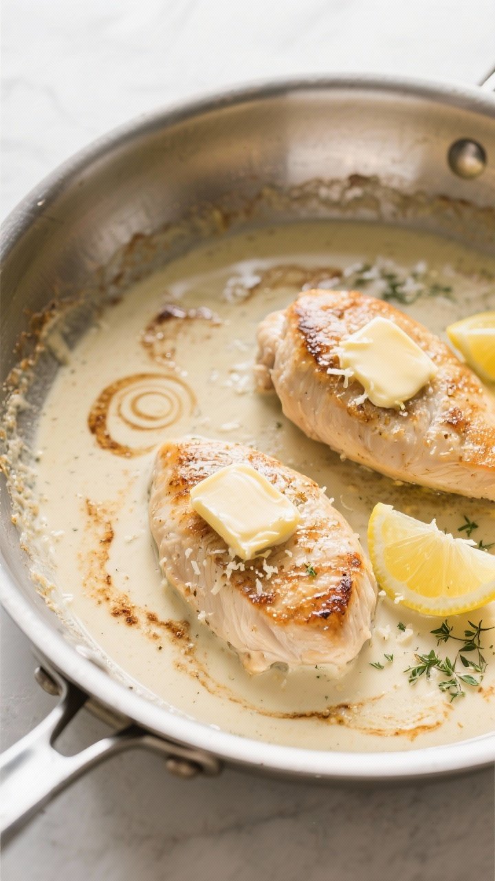 Cooking process scene: Building the sauce in a stainless skillet after deglazing—overhead shot of 