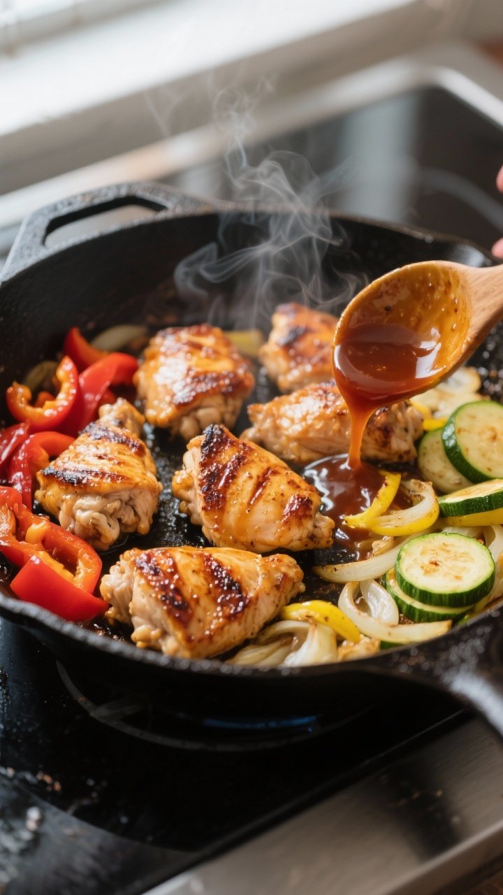 Cooking process: Searing chicken for the Keto BBQ Chicken Skillet in a large black cast-iron skillet