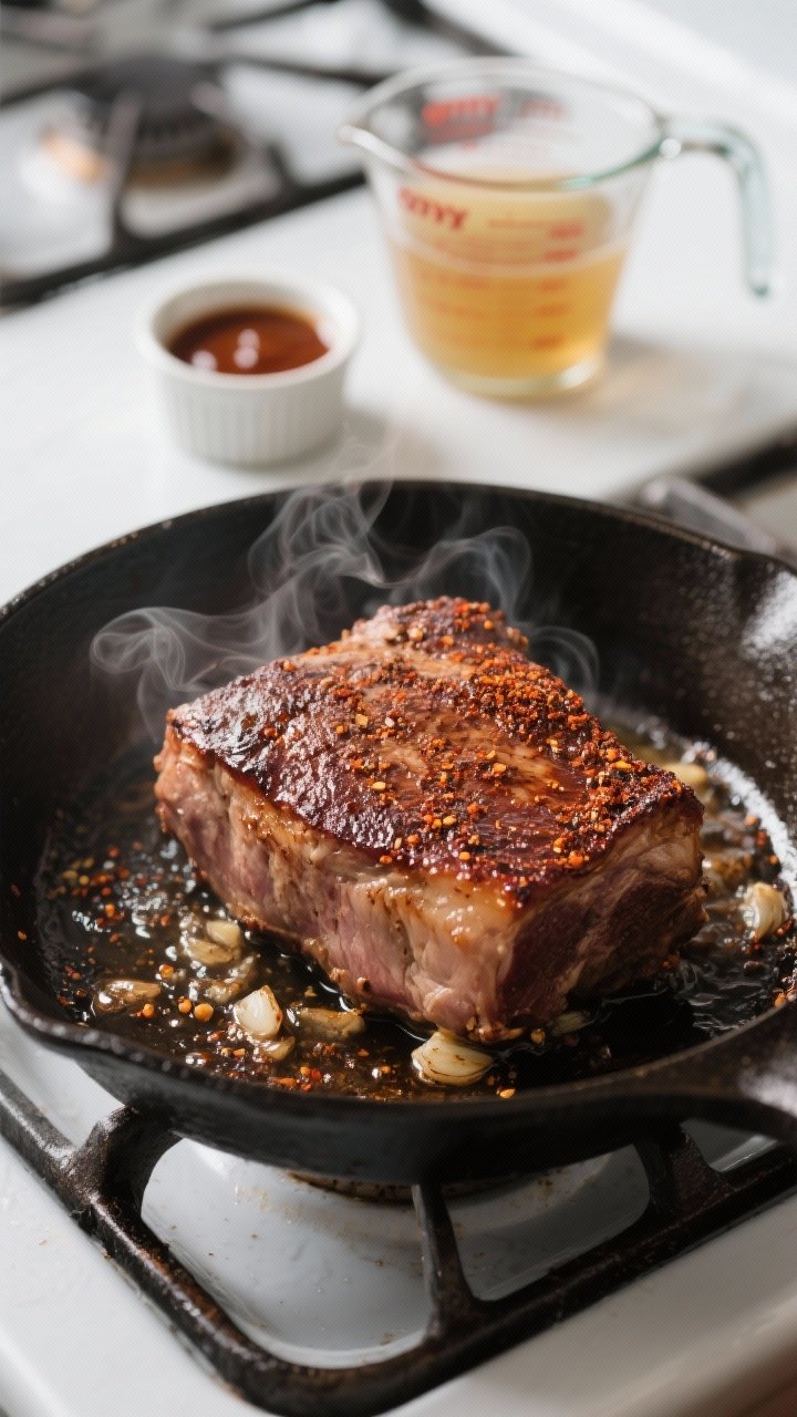 Cooking process: Searing pork shoulder in a heavy cast-iron skillet, deep mahogany crust forming wit