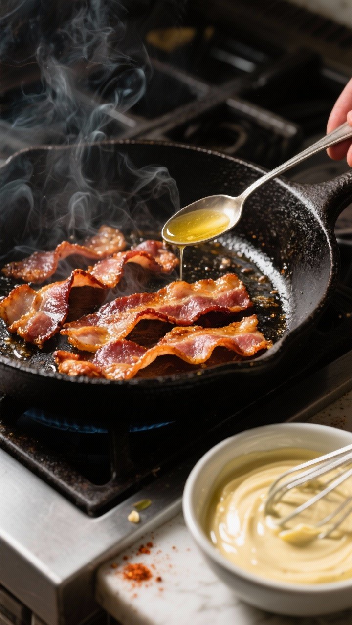 Cooking process shot: Bacon sizzling in a cast-iron skillet, rendered to deeply crisp with curled ed