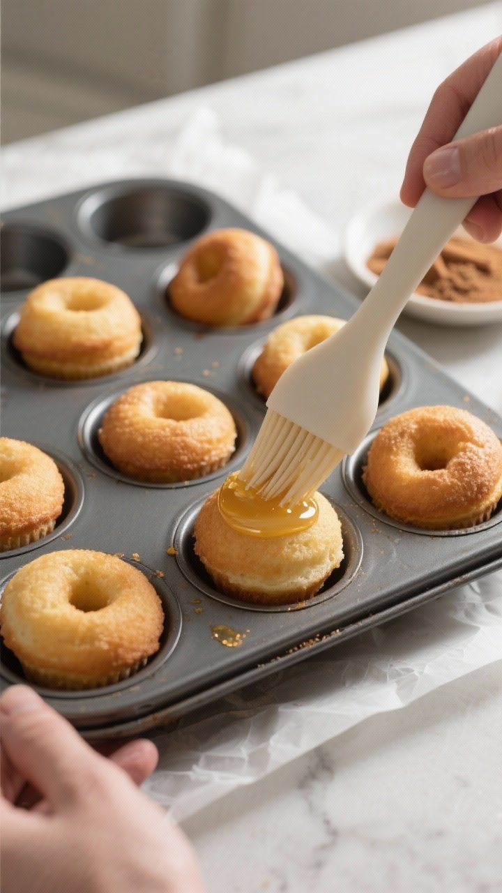 Cooking process shot: Freshly baked donut holes resting in a mini muffin pan out of the oven, lightl