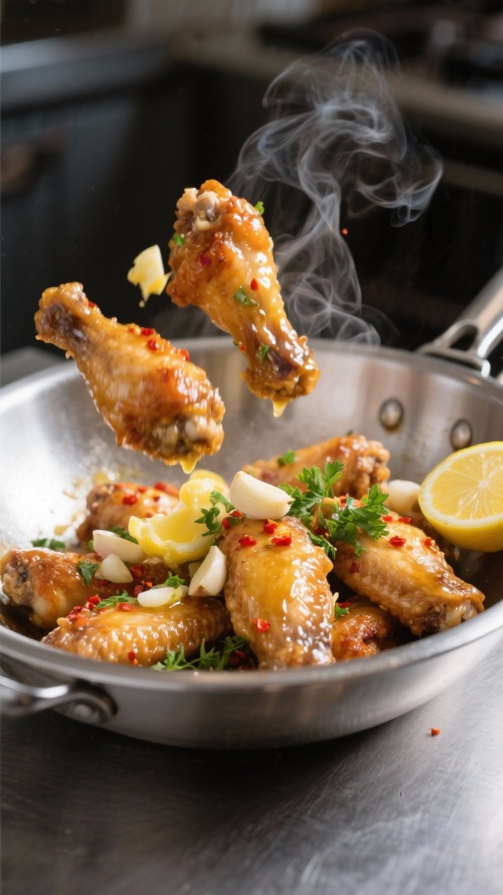 Cooking process shot: Hot wings in a stainless-steel bowl being tossed with glossy warm garlic butte