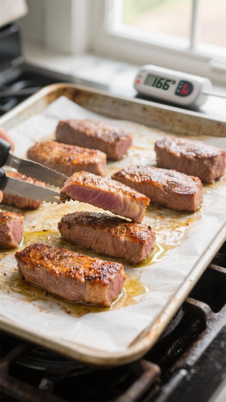 Cooking process shot: mid-bake flip on a parchment-lined sheet pan at 425°F—tenderloins turned on