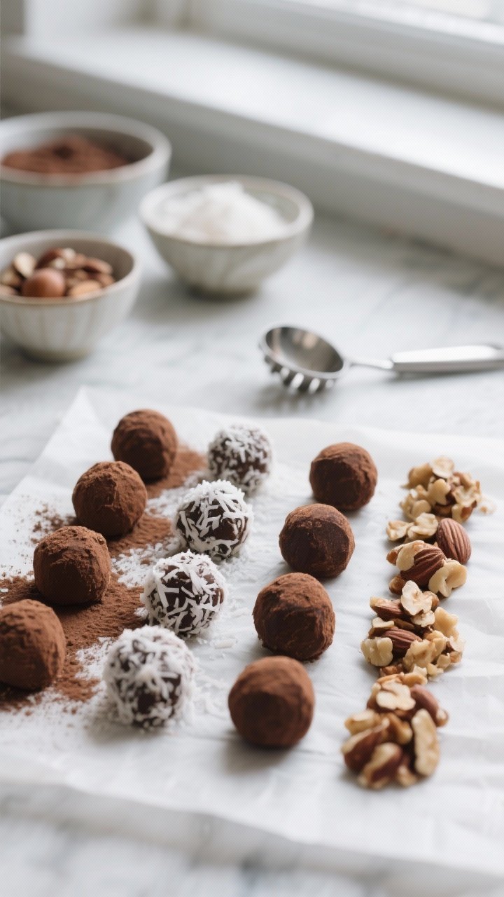 Cooking process shot: neat rows of just-rolled 1-inch truffles on parchment, half uncoated and half 