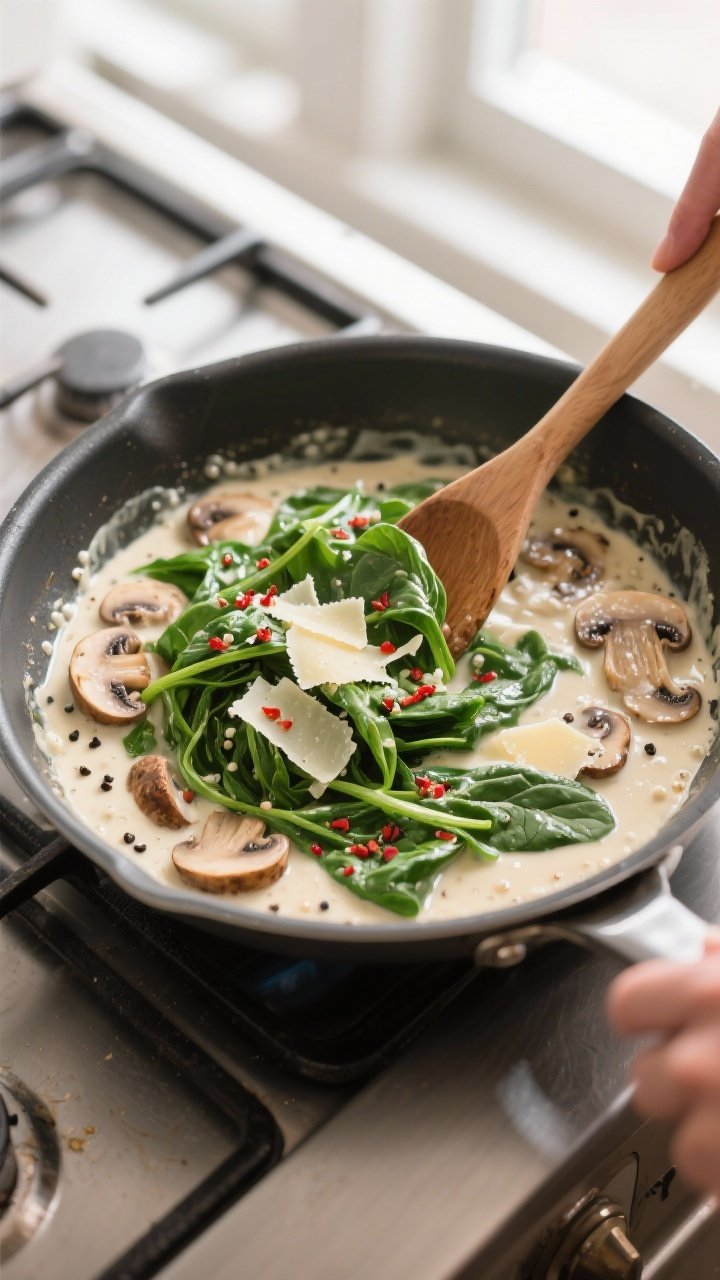 Cooking process shot of the creamy mushroom-and-spinach skillet mid-finish: vibrant baby spinach jus
