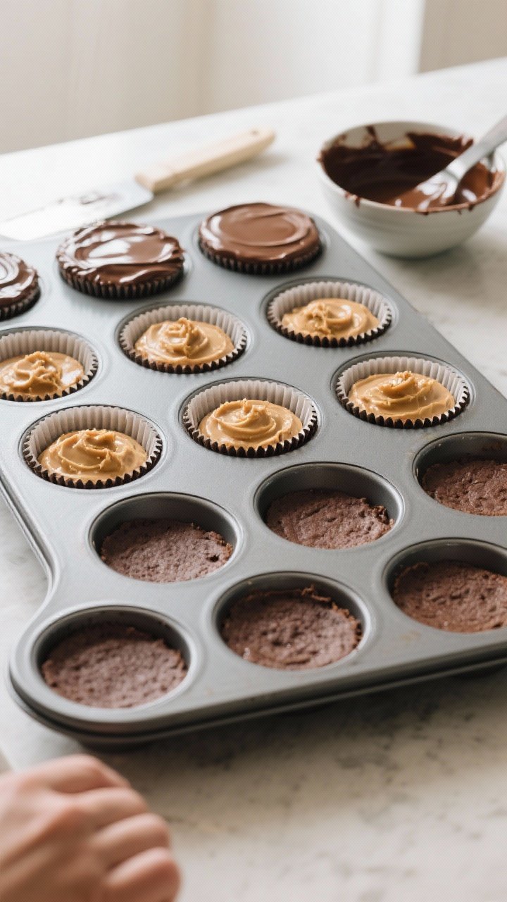 Cooking process shot: Overhead view of a muffin tin lined with paper cups showing the layering stage