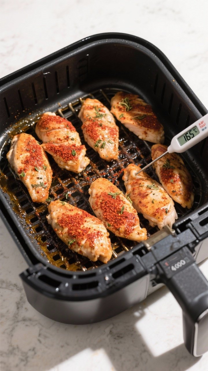 Cooking process shot: Overhead view of an open air fryer basket at 400°F with a single, evenly spac