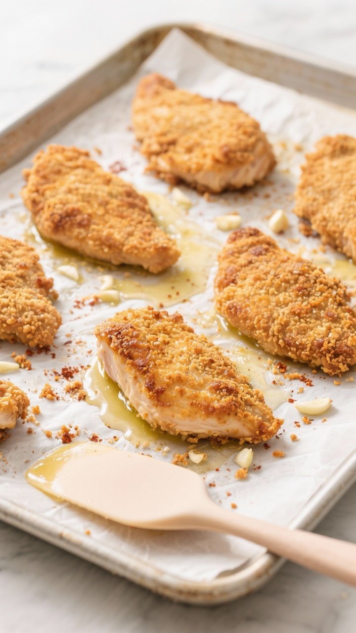 Cooking process shot: Overhead view of breaded chicken cutlets halfway through baking on a parchment