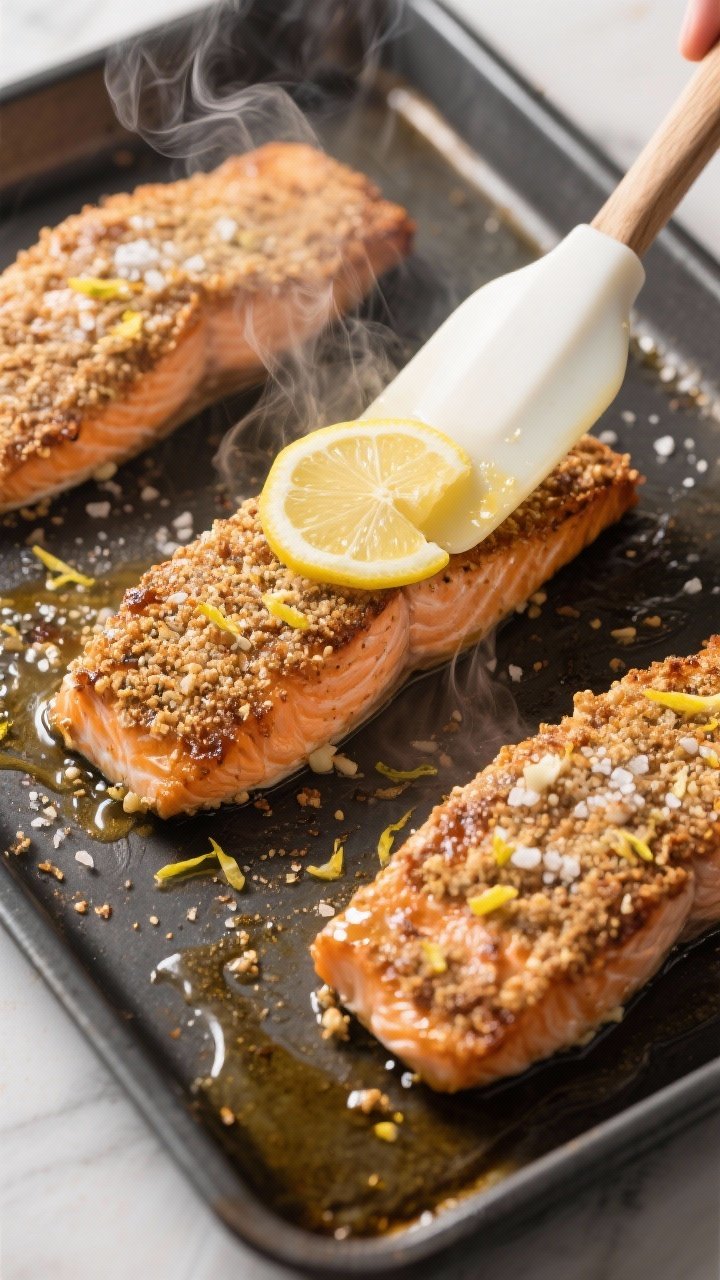 Cooking process shot: Overhead view of salmon fillets right after broil for extra crispness on a dar