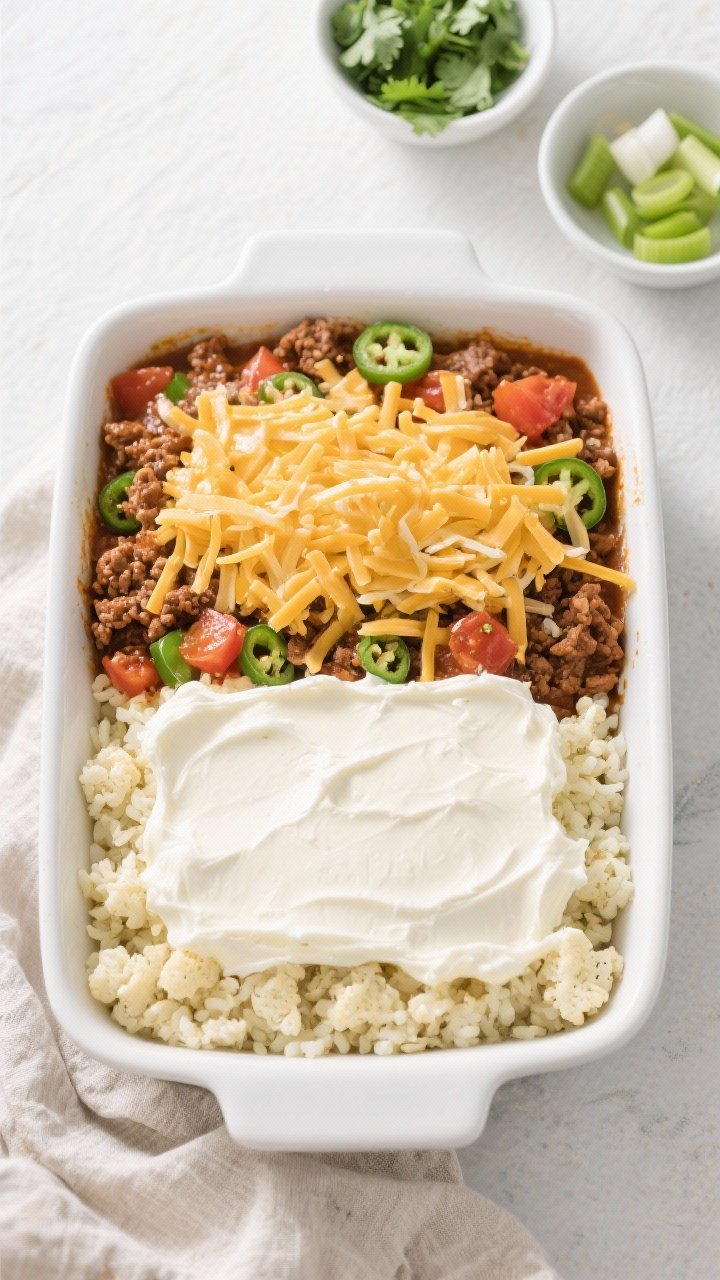 Cooking process shot: Overhead view of the assembled casserole before baking, showing distinct layer