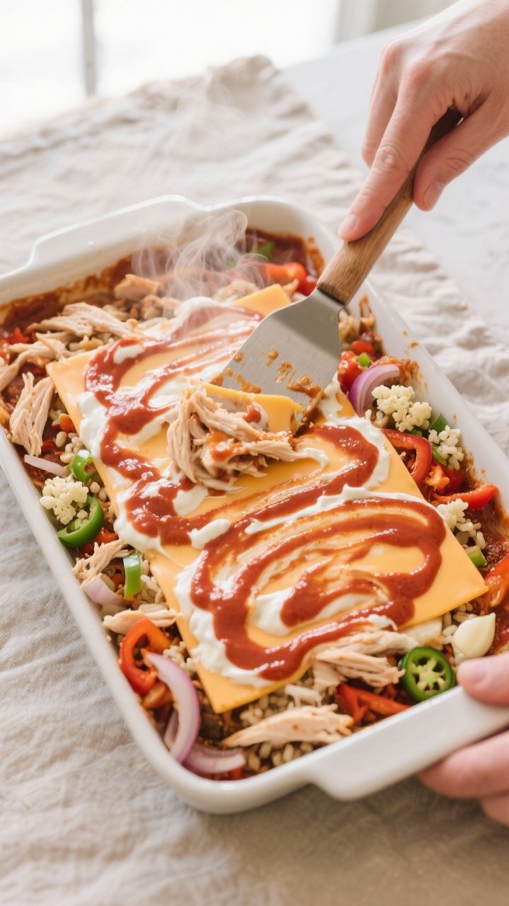 Cooking process shot: Overhead view of the combined mixture being spread into a 9x13 baking dish—s
