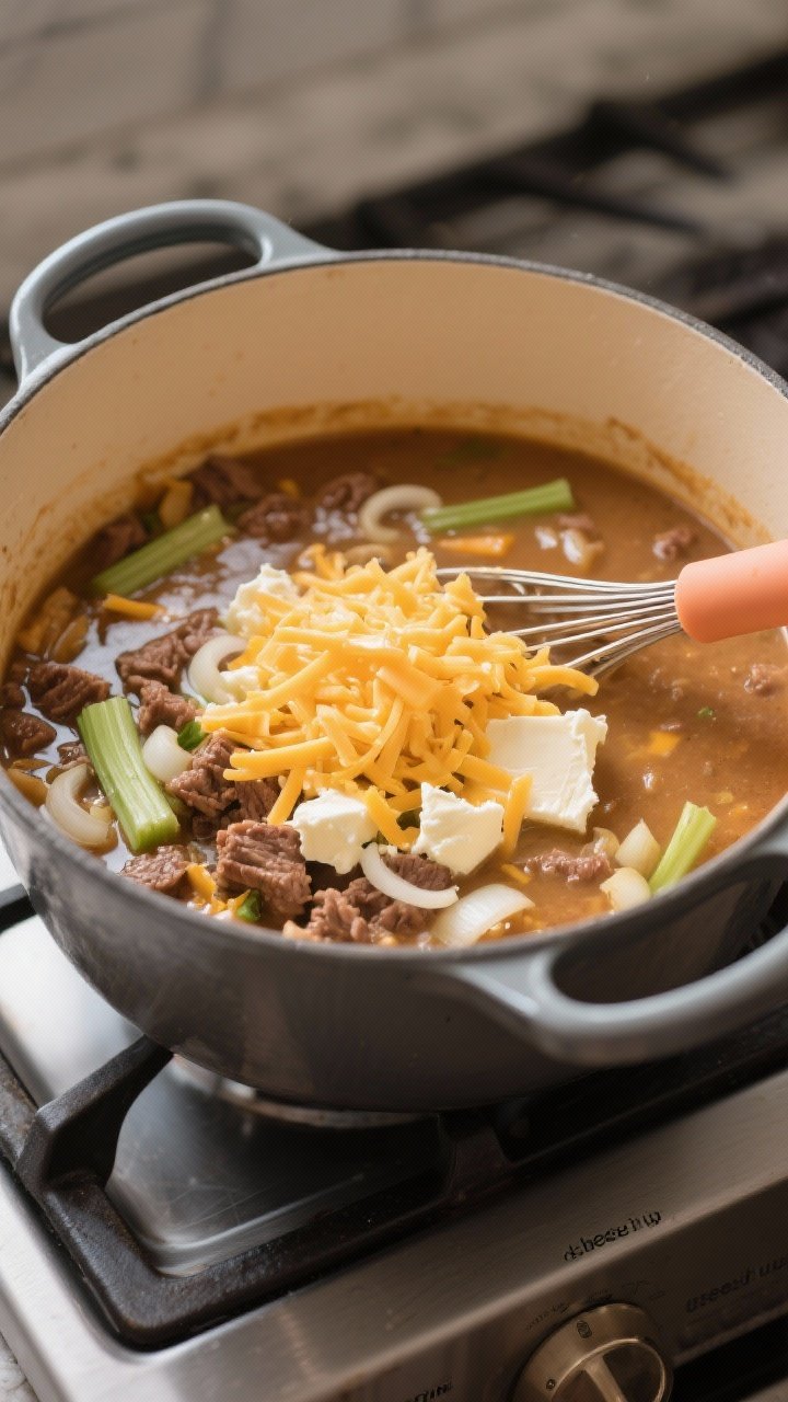 Cooking process shot: Overhead view of the soup at the “cheese it up” stage in a heavy pot—hea
